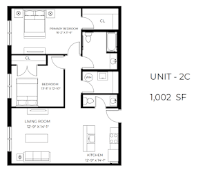 A floor plan of a 1,002 square foot unit, showing a living room, kitchen, bedroom, and bathroom.