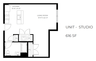 A floor plan of a studio apartment with a kitchen and living room.