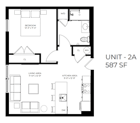 A black and white image of a floor plan for a 587 square foot unit.