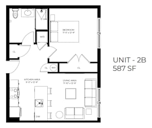 A floor plan of a 2 bedroom apartment with a kitchen and living area.