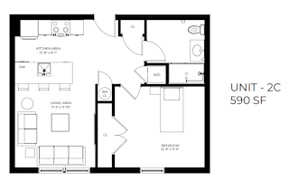 A black and white image of a floor plan for a 2C unit at 590 SF.