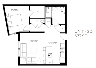 A floor plan of a 2D unit with a living area of 11'5" x 14'8" and a bedroom of 11'4" x 11'7".