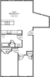A floor plan of a two bedroom apartment with rooms numbered 220, 221, 222, 223, 224, 225, and 226.