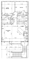 A floor plan of a house with a master bedroom, a living/dining room, a bathroom, and a kitchen.