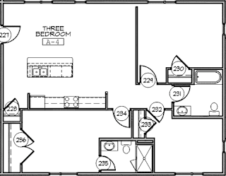 A black and white image of a three bedroom apartment layout.