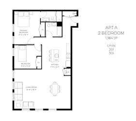 A floor plan of a 2 bedroom apartment with a living room, kitchen, and two bedrooms.