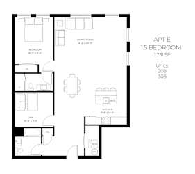 A floor plan of an apartment with a living room, bedroom, kitchen, and den.