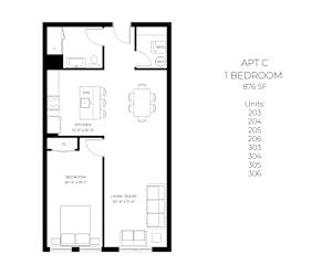A floor plan for an apartment with one bedroom, kitchen, and living room.