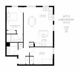 A floor plan of a 2 bedroom apartment with a living room, kitchen, and bathroom.