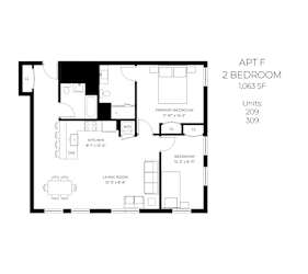 A floor plan of an apartment with two bedrooms.