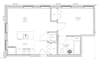 A floor plan of a living unit with a kitchen, bathroom, and linen.