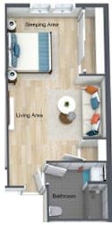 A floor plan of a small apartment with a sleeping area, living area, and bathroom.