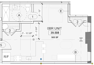 A floor plan of a 35-308 square foot unit with a kitchen, living room, and bathroom.