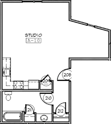 A drawing of a studio apartment with the label A-10 on the top left corner.