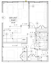 A floor plan of a 2BR unit measuring 35-401 square feet with dimensions and room labels.