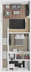 A floor plan of a small apartment with a kitchen, living room, and bedroom.