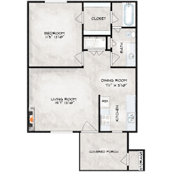 A floor plan of a house with a bedroom, living room, dining room, kitchen, and a covered porch.