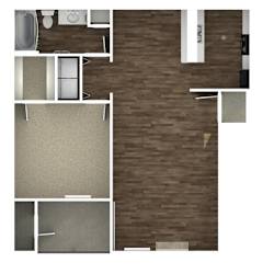 A top down view of a room with a couch, a bed, a table, and a chair.
