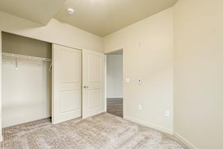 A room with a carpeted floor and a closet with a door and a window.