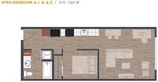 Open bedroom floor plan with kitchen and bathroom at Metroline Flats Apartments, Seattle, WA 98122