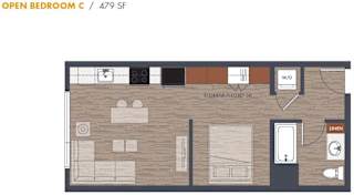 Open bedroom c floor plan 479 square feet at Metroline Flats Apartments, Seattle, Washington