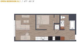 Open bedroom floor plan 477 to 481 square feet at Metroline Flats Apartments, Seattle, WA