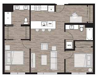 2 bedroom 2 bathroom floorplan at Riverfront Everett Apartments, Washington