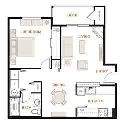One bedroom floor plan with deck and fireplace at Valley Springs Apartments, Washington
