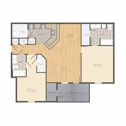 A floor plan of a house with a kitchen, dining room, living room, and two bedrooms.