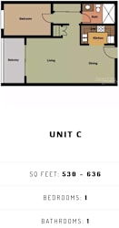 A floor plan of a unit with one bedroom and one bathroom.