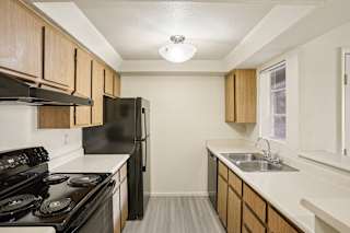 A kitchen with black appliances and wooden cabinets.