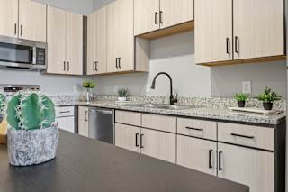 A kitchen with a countertop and cabinets.