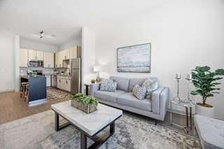 A modern living room with a grey sofa and a coffee table.