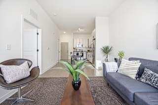 A living room with a grey couch, a brown leather chair, and a wooden coffee table.