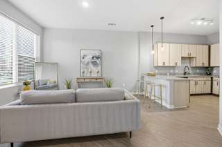 A modern living room with a grey sofa and a kitchen area in the background.