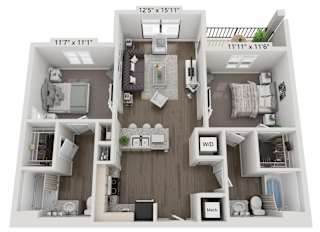 A 3D floor plan of a small apartment with a living room, kitchen, and bedroom.
