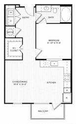 A floor plan of an apartment with a bedroom, living room, kitchen, and balcony.