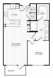 A black and white image of a house floor plan with a kitchen, living room, bathroom, and bedroom.