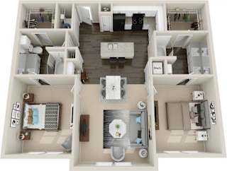 A top-down view of a modern apartment layout with a kitchen, living room, and bedroom.