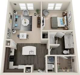 A top-down view of a small apartment with a kitchen, living room, and bedroom.