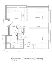 A floor plan of a one bedroom apartment on the first floor.