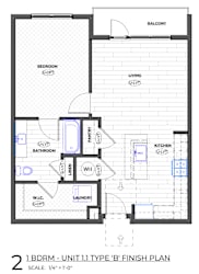 A floor plan of a 1 bedroom, 1 bathroom unit.