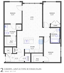 A floor plan of a 2 bedroom, 3 bathroom apartment.