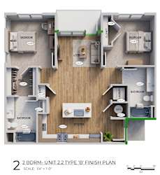 A 2 BDRM- UNIT 2.2 TYPE 'B' FINISH PLAN with a scale of 1/4" = 1'-0".