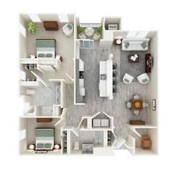 A top-down view of a small apartment with a kitchen, living room, and bedroom.
