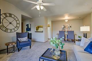 Spacious Living Room With Plank Flooring at The Pointe, LaVista, Nebraska