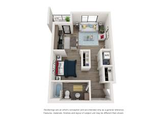 A floor plan of a small apartment with a kitchen, living room, and bedroom.