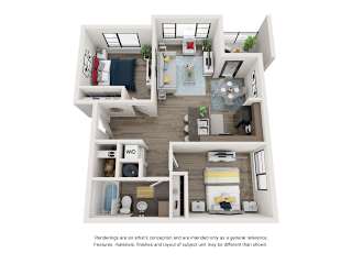 A 3D rendering of a modern, minimalist apartment layout.