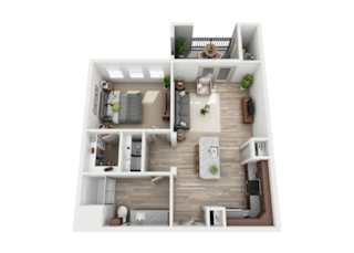 A top-down view of a small apartment with a kitchen, living room, and bedroom.