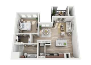 A 3D floor plan of a house with a kitchen, living room, and bedrooms.